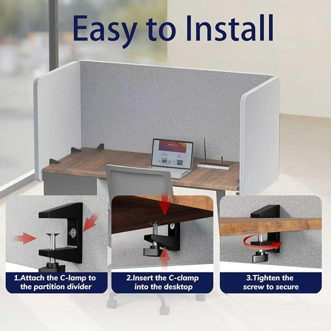 KERRAM Desk Privacy Panel 24 x 24 Inch, Sound Absorbing & Proof Desk Divider for Office, Clamp-on/Screw-on Acoustic Desk Back Panel Partition, Gray