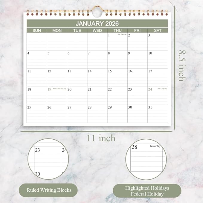 2026 Calendar- Wall Calendar 2026-2027 Runs from January 2026 to June 2027-18 Months Calendar with Thick Paper for Home or Office, 8.5 x 11 Inches, Green