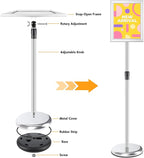 RedChili 2 Pack Sign Holder Stand 8.5x11 Inch, Adjustable Floor Standing Sign Holder Signage Stand with Aluminum Snap-Open Frame Vertical Horizontal View Display For Malls Schools Restaurants (Silver, Sharp Corner)