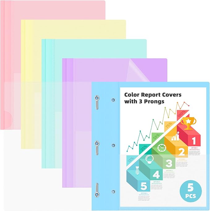 HAUTOCO 5 Pack Plastic Report Covers with 3 Prongs Fasteners Clear Front Resume Portfolio Folder for 8.5x11 Letter Size Paper, Presentation Document Report Cover for School Office Business, 5 Colors