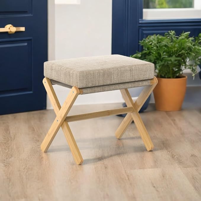 BAMBOOHOMIE Foldable Foot Stool Ottoman, Modern Foot Rest with Bamboo X Legs & Thick Foam Cushion, Folding Foot Stools Small Padded for Bedroom Living Room, Footstool for Chair Couch (Natural - Brown)