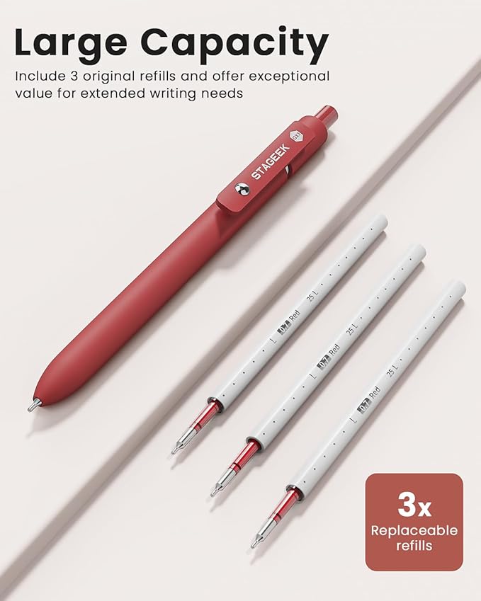 STAGEEK Red Gel Pens, 6Pcs Quick Dry Red Ink Pens with 3 Extra Refills, Fine Point Retractable Smooth Writing Pens for Journaling, Note Taking, School Supplies, Nurse Aesthetic, Office(Red)