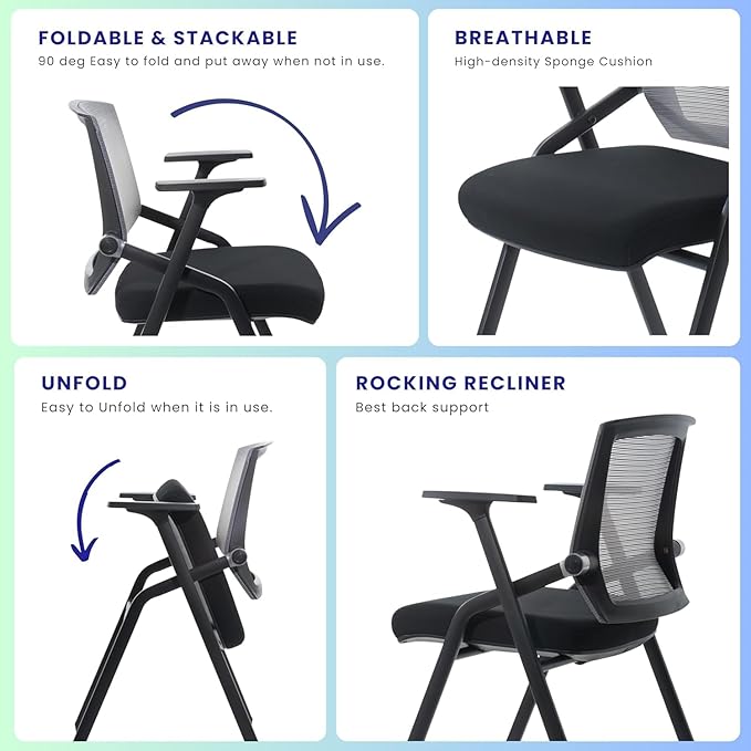 BLANEDUO Conference Room Chairs, Folding Office Desk Chair with Lumbar Support and Sliding Armrest with Casters, Stackable Office Guest Chairs & Reception Chairs (2 Pack)