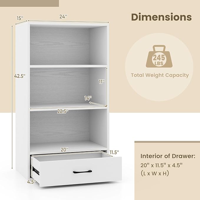 Tangkula 3 Tier Bookcase with Drawer, 42.5”Tall Freestanding Bookshelf with 3 Open Shelves & 1 Drawer, Anti-toppling Devices, Modern Display Storage Organizer for Home Office (White, 42.5" H)