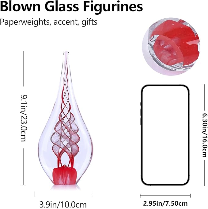 LCCCK 9" Tall Sculpture Hand Blown Glass Decor, Paperweight for Office Desk, Modern Glass Art Figurines Mediterranean Beach House Decor, Living Room Coffee Shelves Table Top Decoration (Swirl Red)