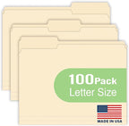 Woodlake Manila File Folders – Letter Size (8.5" x 11"), 1/3-Cut Oversized Tabs, 100 Pack, Heavyweight 120LB/220GSM Durable Paper Folders for Home, Office, School – Made in USA
