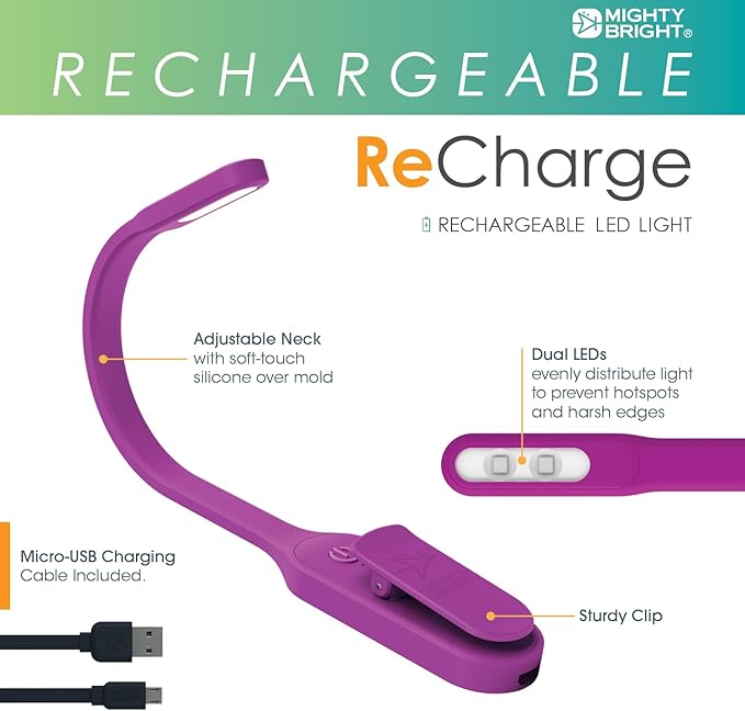 The Original Mighty Bright Recharge Clip On Rechargeable Book Light Reading Light, Warm Eye Care LEDs, Flexible, Durable, Dimmable, Perfect for Kids, Bookworms, Reading in Bed, Lasts 60 Hours (Purple)