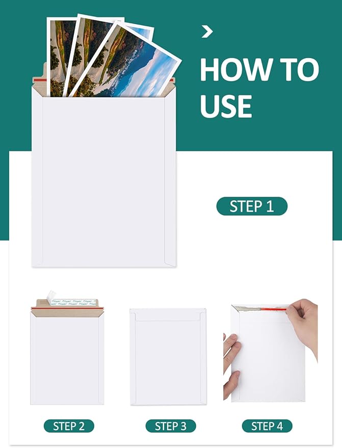 Eupako 100 Pack 6x8 Photo Document Mailer White Stay Flat Self-Seal Cardboard Envelopes for CDs, Pictures, Documents, 6.25 x 8.25 Inches