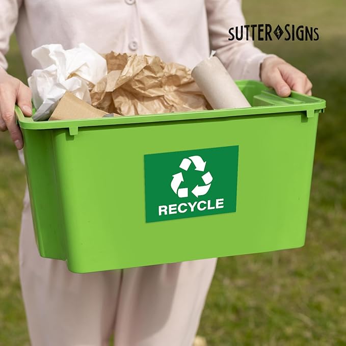 4pc Recycle Stickers + 4pc Trash Stickers | Weatherproof Vinyl Sticker Recycling Signs for Trash Bins, 7" x 10"