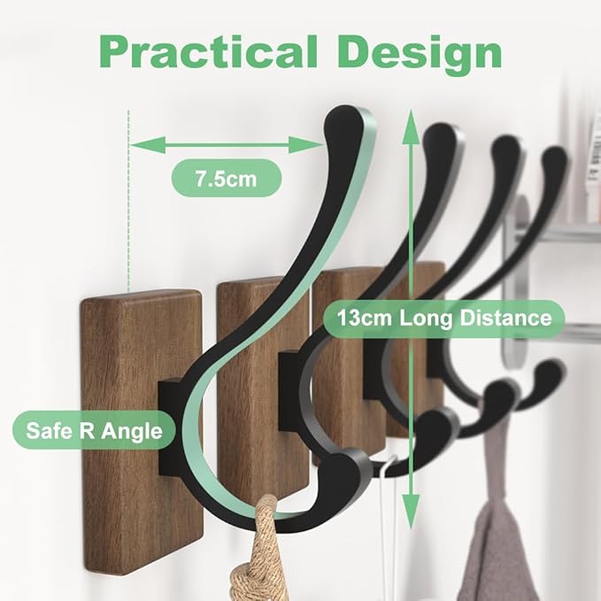 bussdis Wood Wall Hooks for Hanging - 4 Pack Hooks Wall Mounted, Wooden Rustic Farmhouse Heavy Duty Towel Hooks, Hooks for Coats, Towel, Hat, Keys, Purse, Bag and Robe
