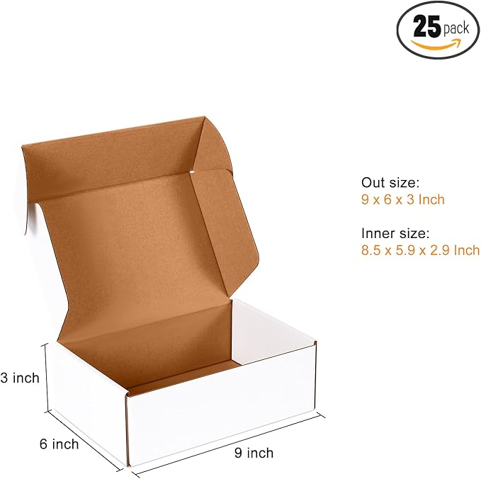 JOWLOT 9x6x3 inch Small Shipping Boxes Set of 25, White Corrugated Cardboard Box Literature Mailer for Mailing Packing Moving and Storage