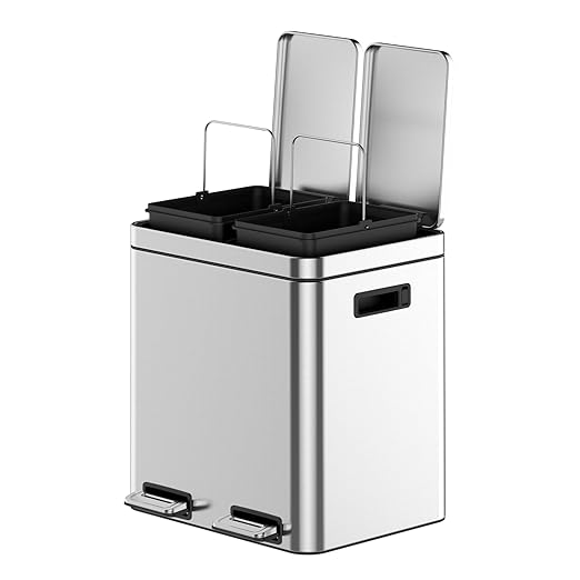 OUTLANE 30L Stainless Steel Double Compartment Trash Can, Foot Pedal, Soft Close Lid, Removable Buckets, Fingerprint Resistant, Home/Office/Bathroom Bin, 37.6x42.8x46.8cm