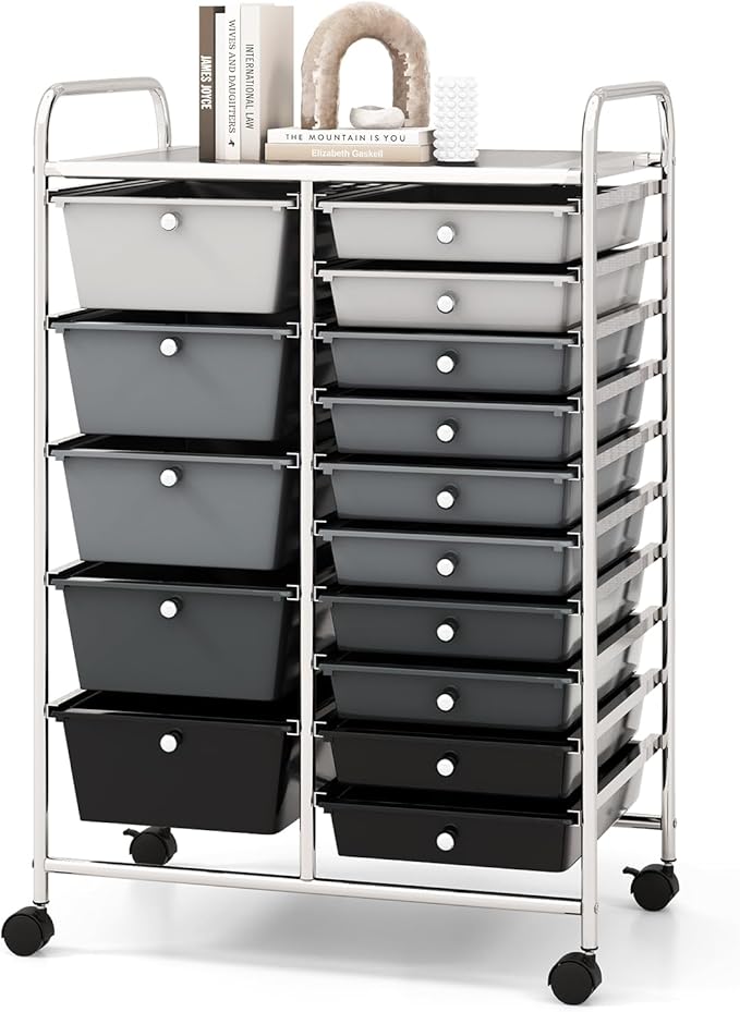COSTWAY 15 Drawers Storage Cart, Multipurpose Rolling Utility Cart on Wheels w/Lockable Wheels & Removable Drawers, Mobile Tools Scrapbook Paper Organizer Cart for Office School Home, Mixed Black