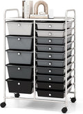 COSTWAY 15 Drawers Storage Cart, Multipurpose Rolling Utility Cart on Wheels w/Lockable Wheels & Removable Drawers, Mobile Tools Scrapbook Paper Organizer Cart for Office School Home, Mixed Black