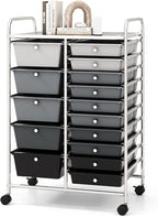 COSTWAY 15 Drawers Storage Cart, Multipurpose Rolling Utility Cart on Wheels w/Lockable Wheels & Removable Drawers, Mobile Tools Scrapbook Paper Organizer Cart for Office School Home, Mixed Black