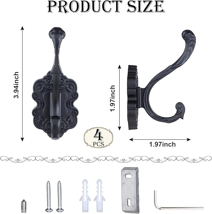 4 Pcs Black Coat Hooks Wall Mount, Matte Metal Hat Hooks for Entryway, Cubicle, Mudroom, Bathroom, Heavy Duty Vintage Decorative Wall Hooks for Towel, Key, Robe, Backpack, Purse, Bag, Clothes, Jacket