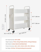 VEVOR Rolling Library Book Cart, 330 lbs Capacity, 38.2 x 20.3 x 48.2-Inch Library Cart, Double Sided W-Shaped Shelves with 3-Inch Lockable Wheels, Book Truck for Home Shelves Office and School, White