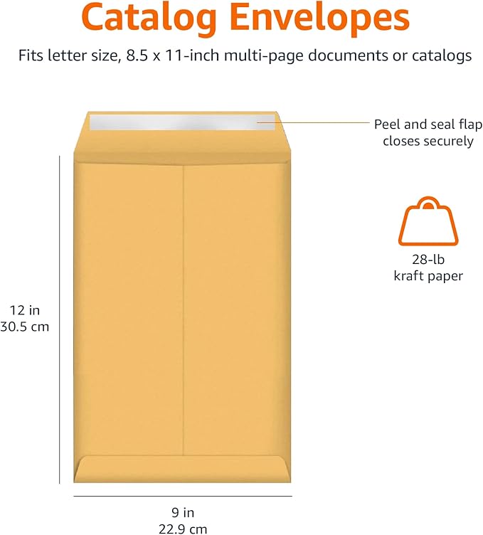 Amazon Basics Catalog Mailing Envelopes, Peel and Seal, 9x12 Inch, Brown Kraft, 100-Pack