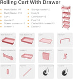 Sorgion 5 Tier Rolling Cart Organizer,Bathroom Cart Organizers with Wheels Laundry Room Organization Mobile Shelving Unit Utility Cart Storage Shelves Multi-Functional for Office, Home(Pink)