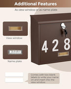 LAND·VOI Locking Wall-Mount Mailbox for Outside, with 4 Keys, Galvanized Steel Rustproof Metal Postbox, 4" Dx13.8 Wx11.2 H, Includes 3 Sets of Mailbox Numbers, Nameplate, Bronze