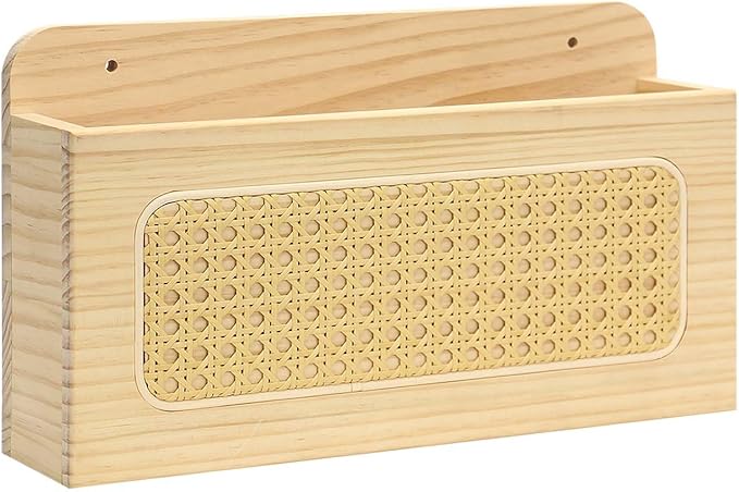 BXAIGR Rustic Wall Mounted Magazine Rack - Solid Wood Mail Holder with Rattan Weave, Boho File Organizer for Magazine,Books, Records(1 PACK)