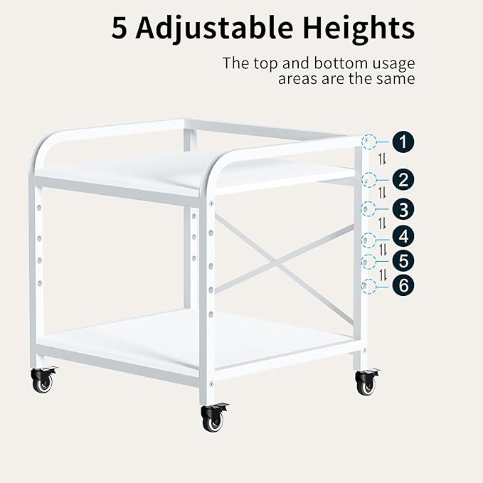 Vokumba 20 Inches Large White Printer Stand, 2-Tier Under Desk Printer Table with Height Adjustable Shelf, Rolling Printer Cart with Industrial Wheels for Home Office (White)