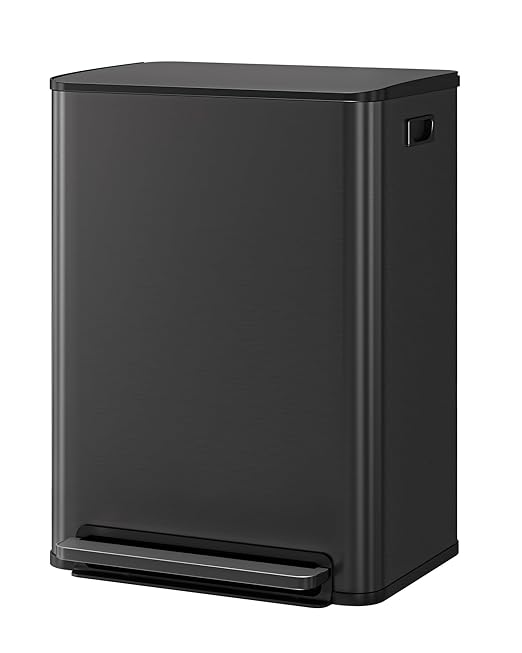 Stainless Steel Garbage Can, 2 x 8 gal Dual Compartment Trash Can with 2 Inner Buckets and Soft Close Lid, Foot Pedal Garbage Bin for Bathroom, Living Room, Kitchen, Black