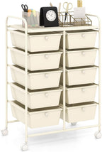 HAPPYGRILL 10-Drawer Rolling Storage Cart, Storage Organizer Cart with Lockable Wheels, Beauty Salon Movable Utility Cart for School, Office, Home, (Ivory)