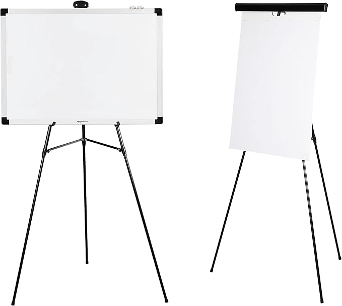 Amazon Basics High Boardroom Aluminum Flipchart Whiteboard and Display Easel Stand with Adjustable Height Telescope Tripod, 35 x 2 x 28 Inches, Black