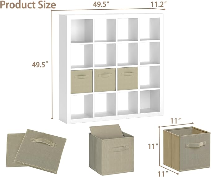 furtble Bookshelf with Storage Bins, 16-Cube Storage Organizer with Back Panels, Modern Wood Open Bookcase, Multifunctional Display Shelf for Living Room, Bedroom, Home Office, White
