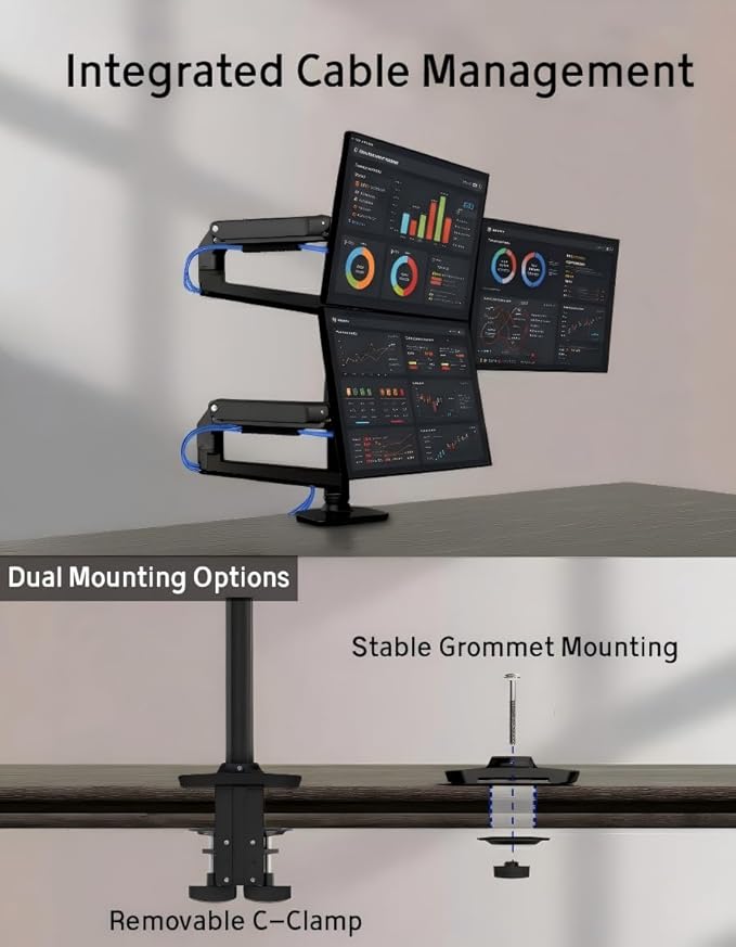 Ergounion Triple Monitor Mount, Holds Screens up to 40 Inches and 25 lbs, Fully Adjustable 3 Monitor Desk Mount with C-Clamp and Grommet Base, Aluminum, Black
