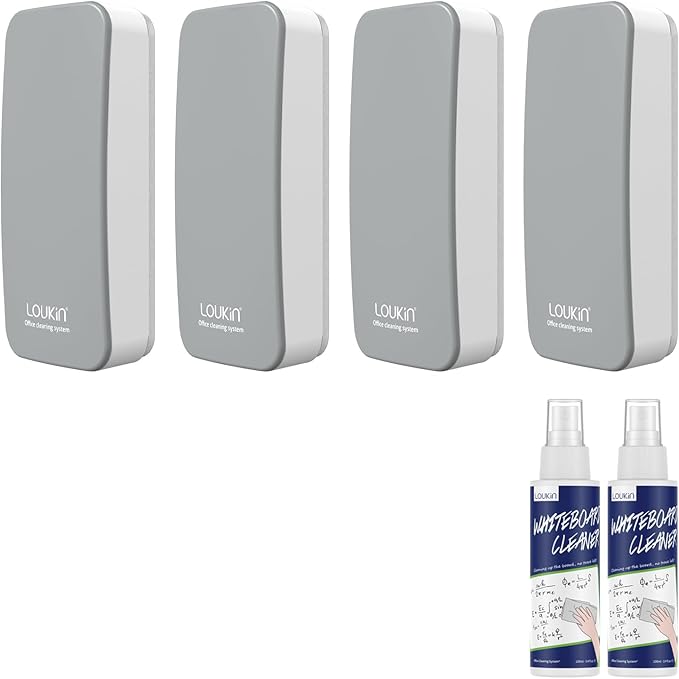 loukin 4 Pack Magnetic Dry Erase Eraser, Whiteboard Eraser, Glass Board Remover, 3.4 fl oz Whiteboard Cleaner * 2 Included, for Classroom, Home and Office Use (Grey)
