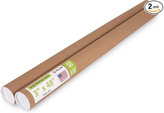 Paclord 3" x 48" Reinforced Kraft Paper Mailing Tube, Pack of 2 Tubes with 4 Caps – Secure USPS Approved Poster Tube – Cardboard Tube for Shipping and Storing Posters, Prints, Artwork, or Documents