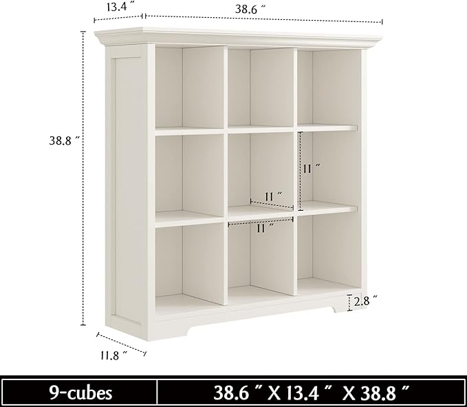 OSCHF Wooden Cube Shelf Bookcase - Modern 3 Tiers Floorstanding Open Bookshelf with Base for Home and Office, 9 Cubes Storage Cabinet, Warm White