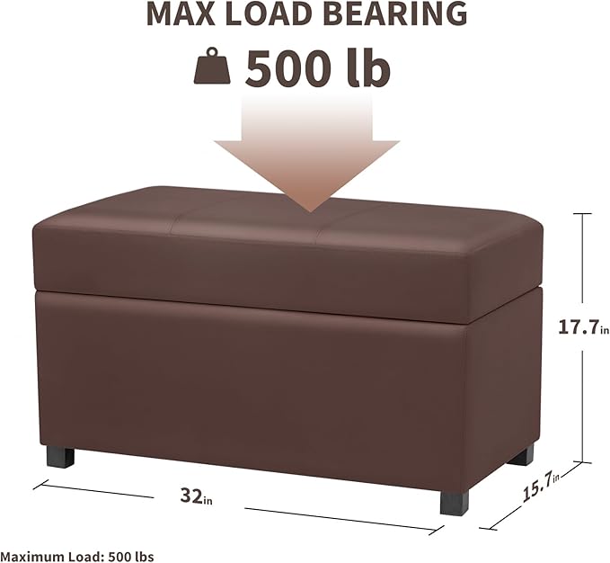 Joveco 32" Leather Storage Ottoman Bench, Rectangle Foot Rest Stool for Living Room, Bedroom, Entryway, Brown