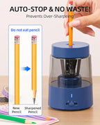 ZMOL Electric Rechargeable Pencil Sharpener, Automatic Pencil Sharpeners Kids, Battery Pencil Sharpeners for Colored Pencils, Auto Stop, Suitable for No.2(6-8mm), Classroom/Home Blue