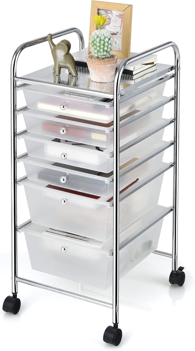 Giantex 6 Storage Drawer Cart Rolling Organizer Cart for Tools Scrapbook Paper Home Office School Multipurpose Mobile Utility Cart (Clear White)
