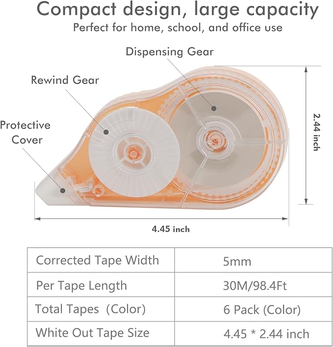 Aipker Correction Tape, Extra-Long 30 m (98 ft) Each – 590 ft Total, Easy-to-Use White Out Tapes Dispensers, High Capacity White Out Correct Tapes for School, Office or Home Use - 6 Pack
