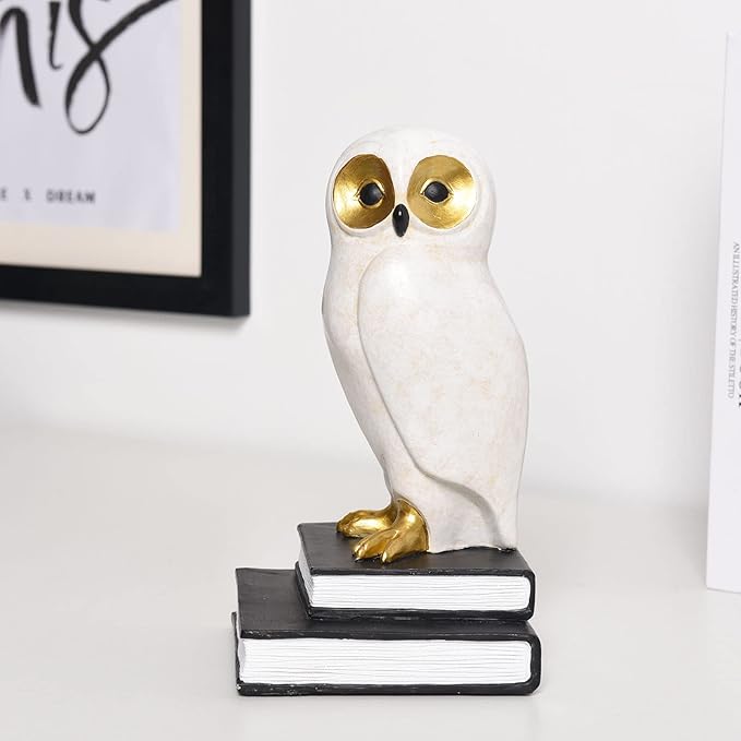 Kakizzy Book Ends for Shelves, Owl Decorative Bookends Bronze Bird Book Stopper Unique Kids Book Holders with Anti-Slip Base Luxurious Bookends for Kids Rooms Office Home Decor(White)
