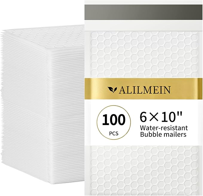 Alilmein 6×10" Inch Bubble Mailers 100 Pack Waterproof Padded Envelopes Self Seal Adhesive Shipping Bags for Mailing Cards Jewelry Makeup and Small Business Packaging