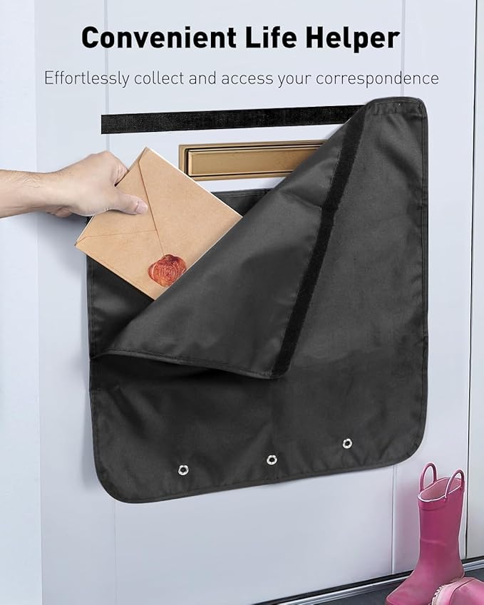 Uniclife Black Door Mail Slot Catcher Oxford Fabric Large Capacity Letter & Package Holder with Hook and Loop Fasteners, Indoor Front Door Post Catcher for Magazines, Small Parcels & Envelopes