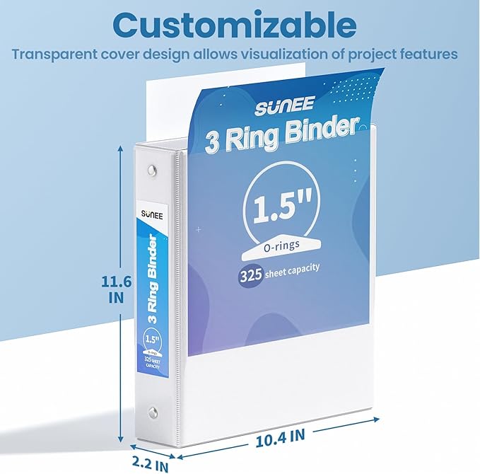 SUNEE 3 Ring Binders 1.5 Inch 10 Pack, Clear View Binders Three Ring PVC-Free (Fit 8.5x11 Inches) for School or Office Supplies, White