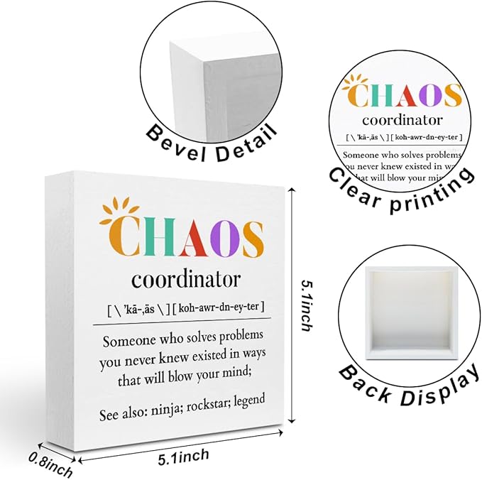 Chaos Coordinator Wood Box Sign, Chaos Coordinator Gifts, Thank You Gifts for Coworker Manager Teacher Nurse, Office Bedroom Home Desk Cubicle Table Shelf Decor Administrative Professional Day