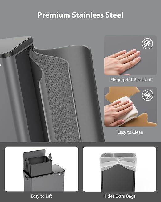 Dual Trash and Recycling Bins for Kitchen, 13.2 + 5.2 Gal (50+20L) Stainless Steel Trash and Recycle Bin Combo with Soft-Close Lid, Large Garbage Cans for Kitchen Home with 2 Magnets Sticker, Grey