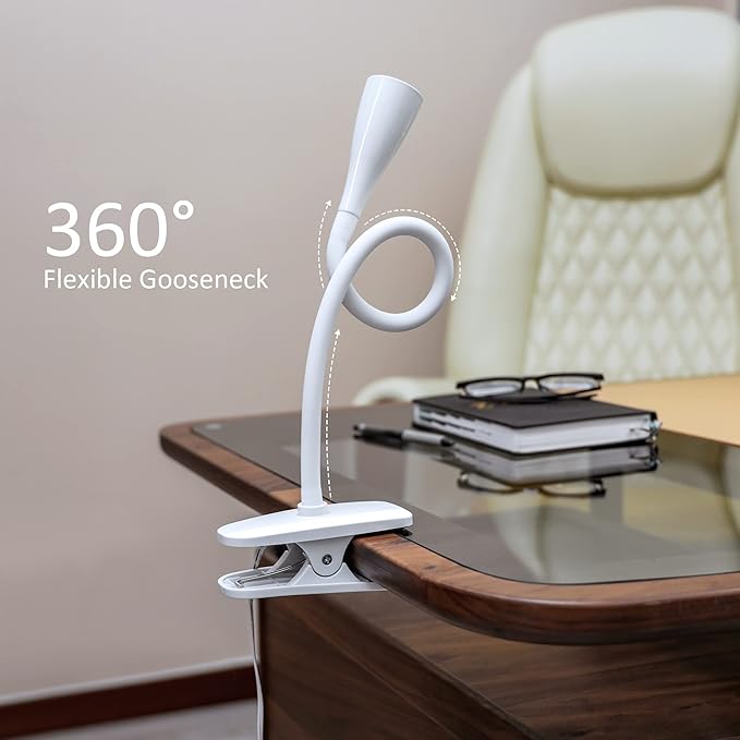 TOPMB LED Reading Light, Eye-Caring Book Light for Reading in Bed, 360° Flexible Clip on headboard lamp, 5W 3000k Desk Lamp with Clamp for Bedroom, Office, Painting, Workbench and Sewing, White