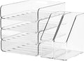 FANXIYQ 4-Tier Brown Acrylic Paper Tray Organizer for Desk + 2 Bookends – Stackable Letter Tray, Acrylic Desk Accessories/File Organizer, Office Paper Organizer
