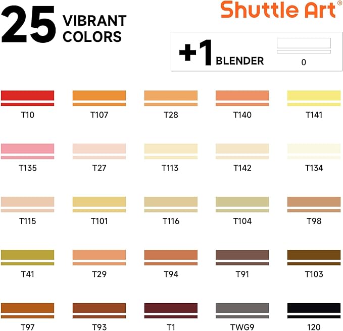 Shuttle Art 26 Colors Skin Tone&Hair Art Markers, Dual Tip Alcohol Based Flesh-Color Marker Pen Set Contains 1 Blender Perfect for Kids & Adults Portrait,Comic, Anime, Manga, Illustration