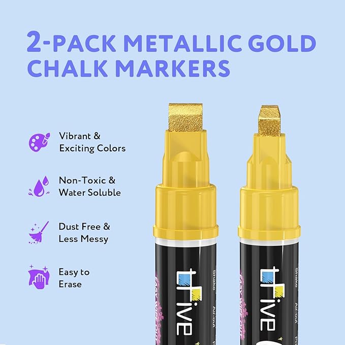 TFIVE Metallic Gold Liquid Chalk Markers - 2 Pack Jumbo Chalk Pens with 10mm 3 in 1 Nib Wide Tips, Dry & Wet Erase Marker Pens for Glass, Chalkboard, BlackBoard, Windows, Calendar, Pumpkin, Mirror