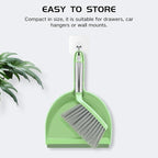 NACENA Mini Broom and Dustpan Set, Small Dust Pan and Brush Set with Handle Dustpan Teeth for Cleaning Hair Suitable for Office Desks Drawers Sofas Outdoor Camping, Light & Green