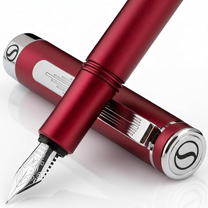 Scriveiner Luxury EDC Fountain Pen (Medium), Matt Red Pocket EDC with Chrome Finish, Schmidt German Nib, Converter, Best Writing Gift Set for Men & Women, Fancy Pen for the Office & Journaling